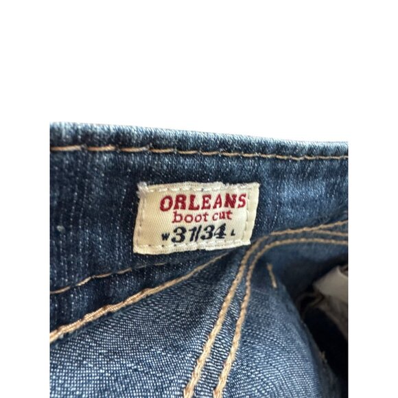 MEK Denim Orleans Boot Cut Jeans Size 31x34 Distressed Blue Embroidery Blend Mad - Picture 4 of 6